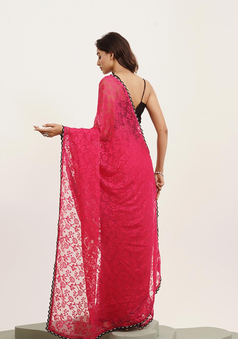 Pink Embellished Beads And Stones Work Brasso Saree Set