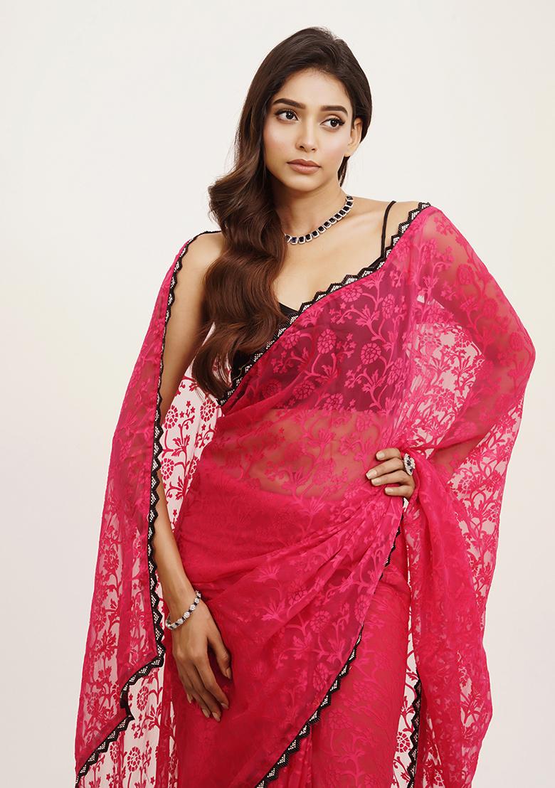 Pink Embellished Beads And Stones Work Brasso Saree Set