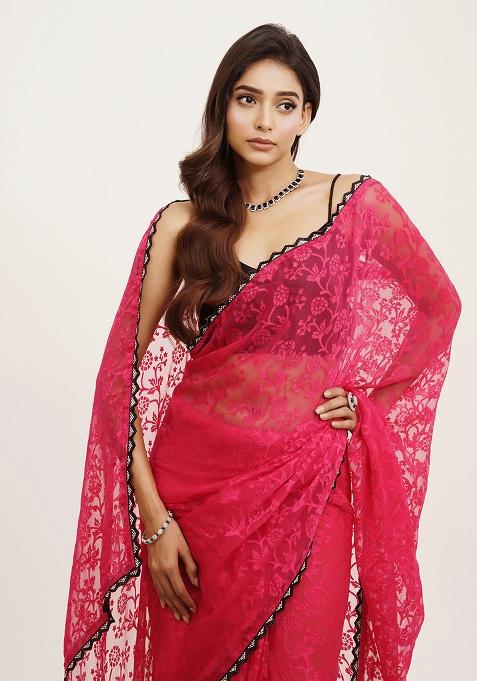 Pink Embellished Beads And Stones Work Brasso Saree Set