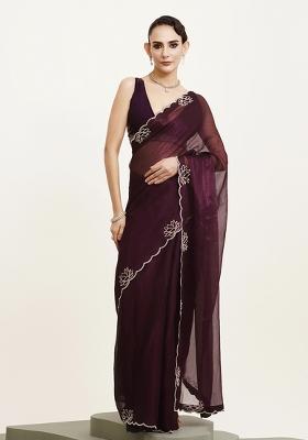 Purple Embellished Beads And Stones Work Chiffon Saree Set