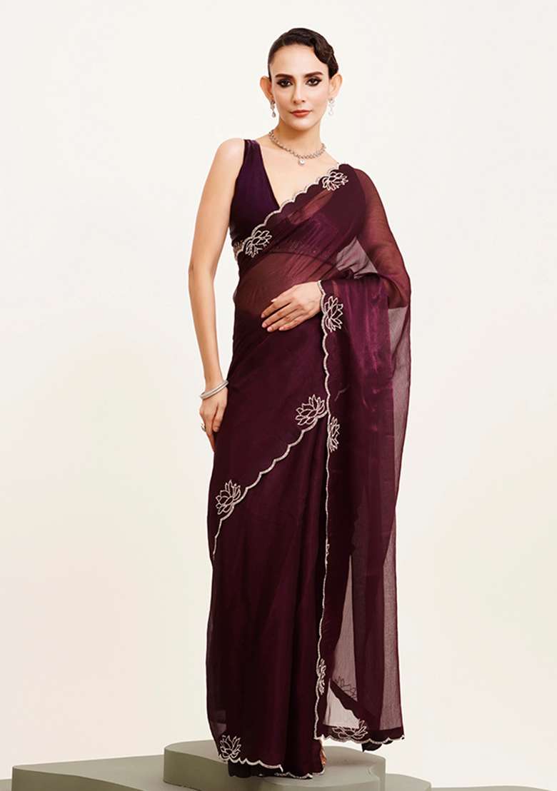Purple Embellished Beads And Stones Work Chiffon Saree Set - Indya