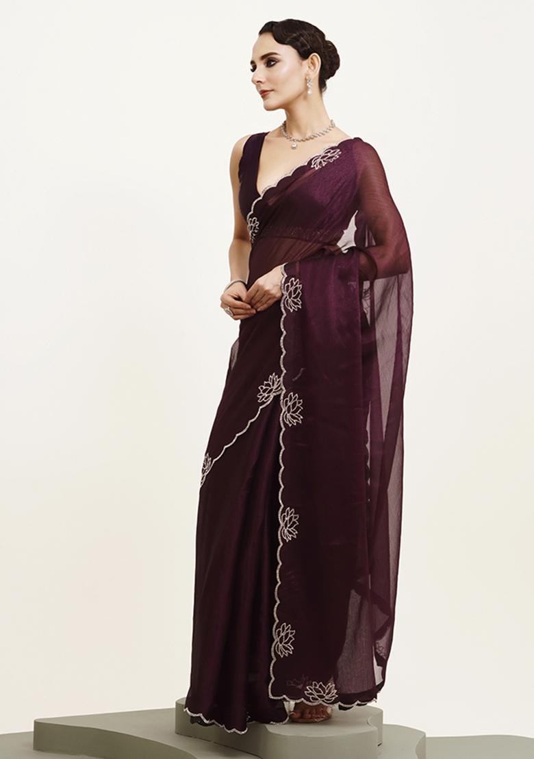 Purple Embellished Beads And Stones Work Chiffon Saree Set