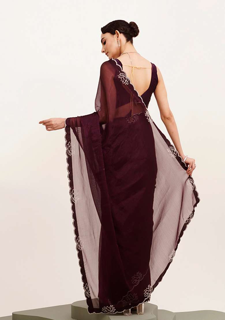 Purple Embellished Beads And Stones Work Chiffon Saree Set - Indya