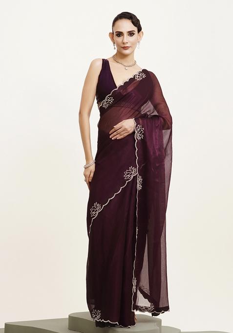Purple Embellished Beads And Stones Work Chiffon Saree Set