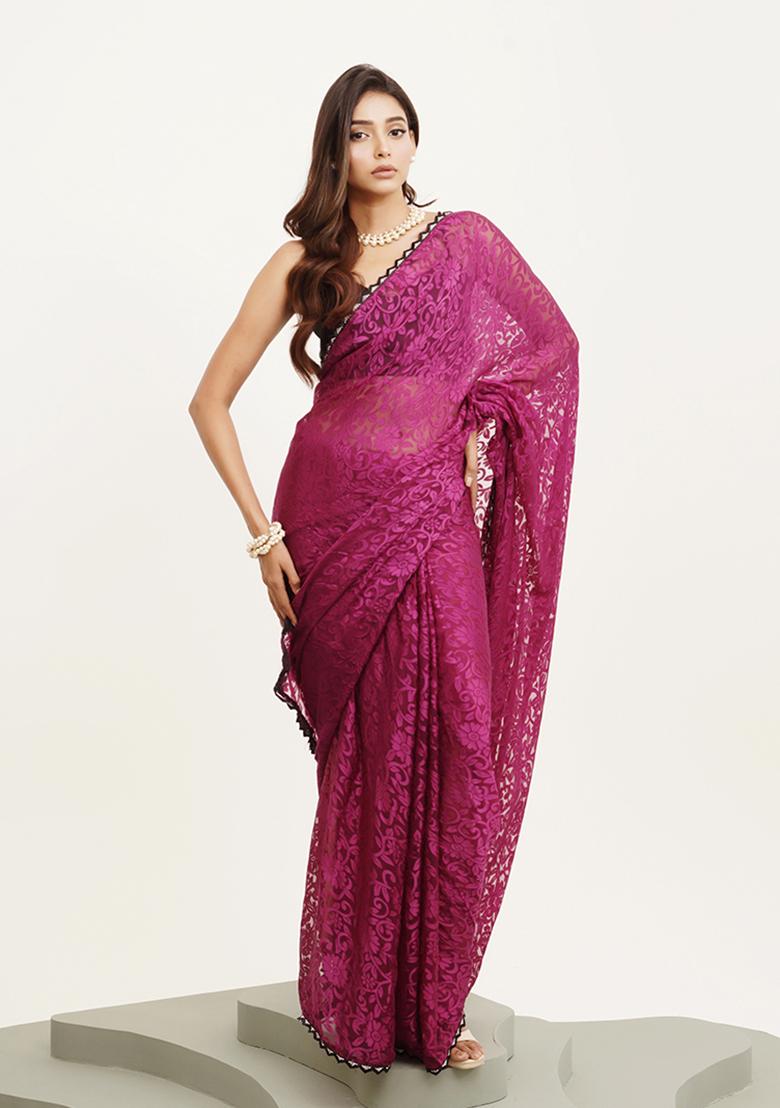 Pink Embellished Beads And Stones Work Brasso Saree Set