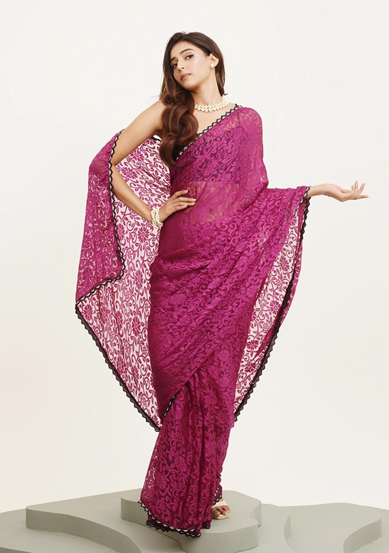 Pink Embellished Beads And Stones Work Brasso Saree Set