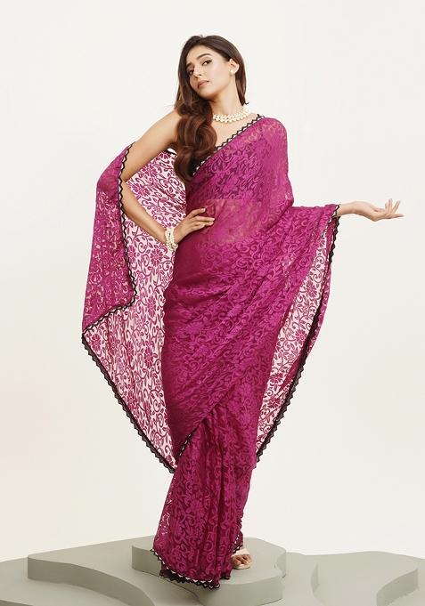 Pink Embellished Beads And Stones Work Brasso Saree Set