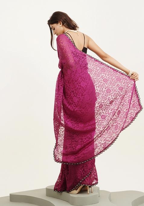 Pink Embellished Beads And Stones Work Brasso Saree Set