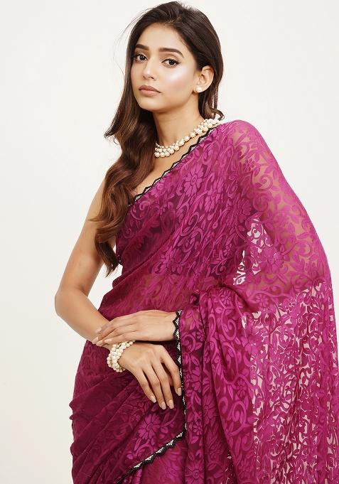 Pink Embellished Beads And Stones Work Brasso Saree Set