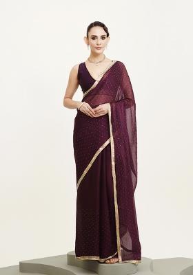 Purple Embellished Beads And Stones Work Chiffon Saree Set