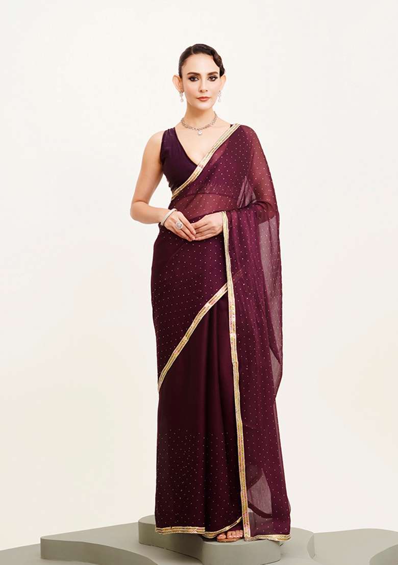 Purple Embellished Beads And Stones Work Chiffon Saree Set - Indya