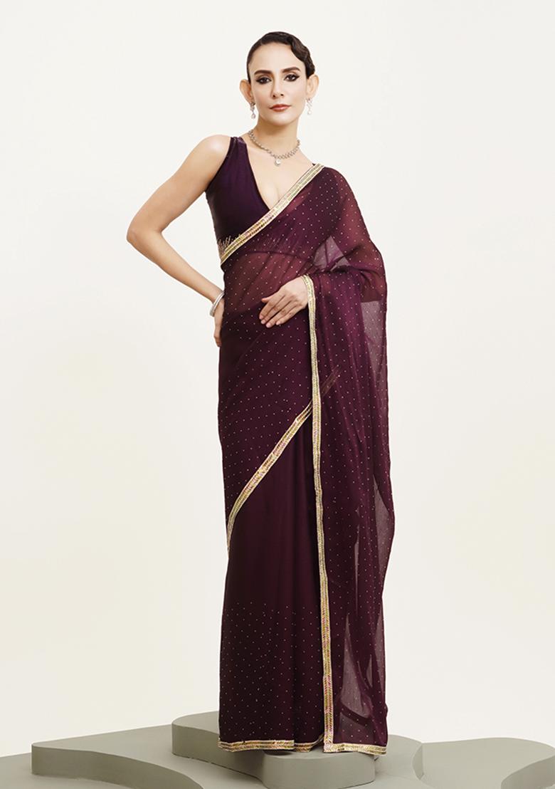 Purple Embellished Beads And Stones Work Chiffon Saree Set