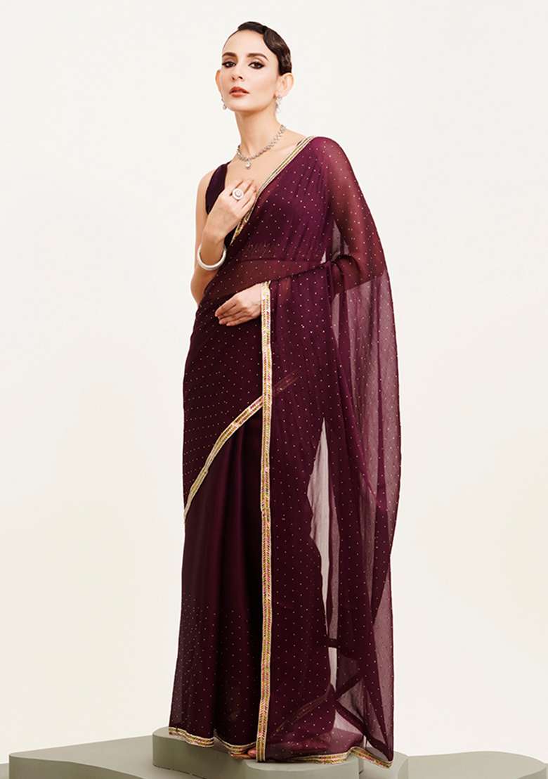 Purple Embellished Beads And Stones Work Chiffon Saree Set - Indya