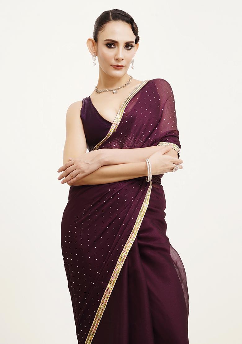 Purple Embellished Beads And Stones Work Chiffon Saree Set