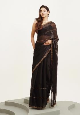 Black Embellished Beads And Stones Work Organza Saree Set