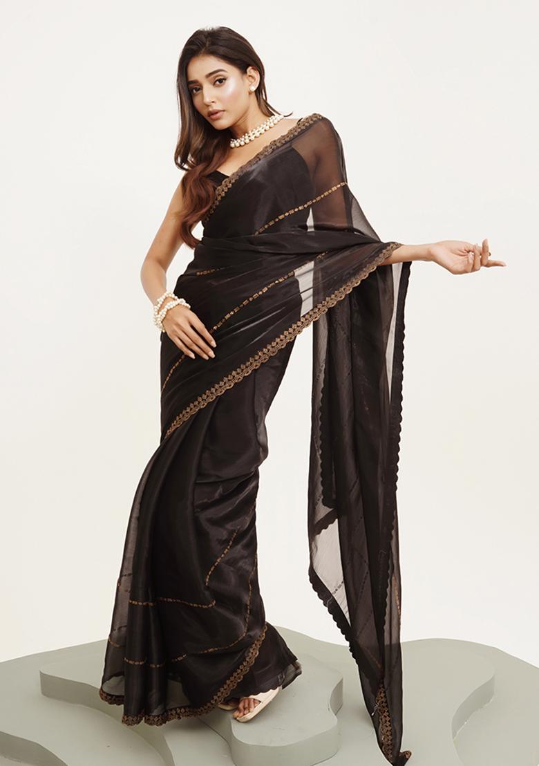 Black Embellished Beads And Stones Work Organza Saree Set