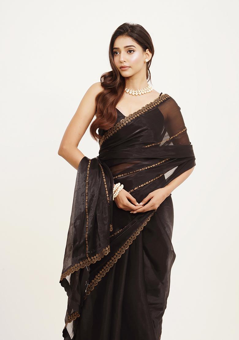 Black Embellished Beads And Stones Work Organza Saree Set