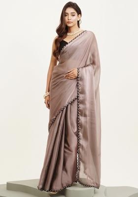 Grey Embellished Beads And Stones Work Silk Blend  Saree Set