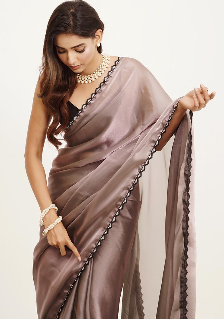 Grey Embellished Beads And Stones Work Silk Blend Saree Set