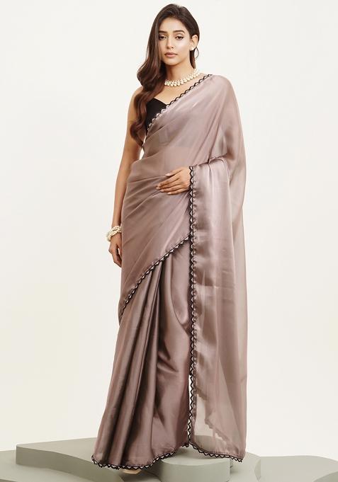 Grey Embellished Beads And Stones Work Silk Blend  Saree Set