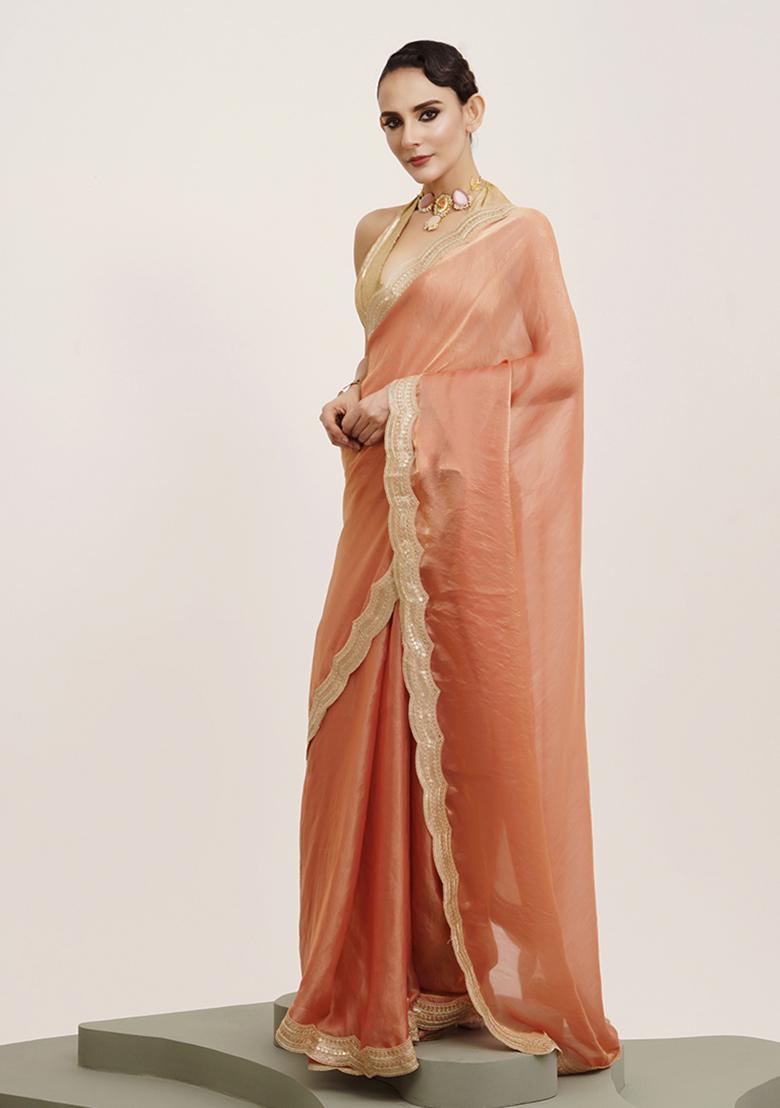 Peach Embellished Sequinned  Work Satin Saree Set
