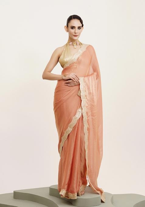 Peach Embellished Sequinned  Work Satin Saree Set