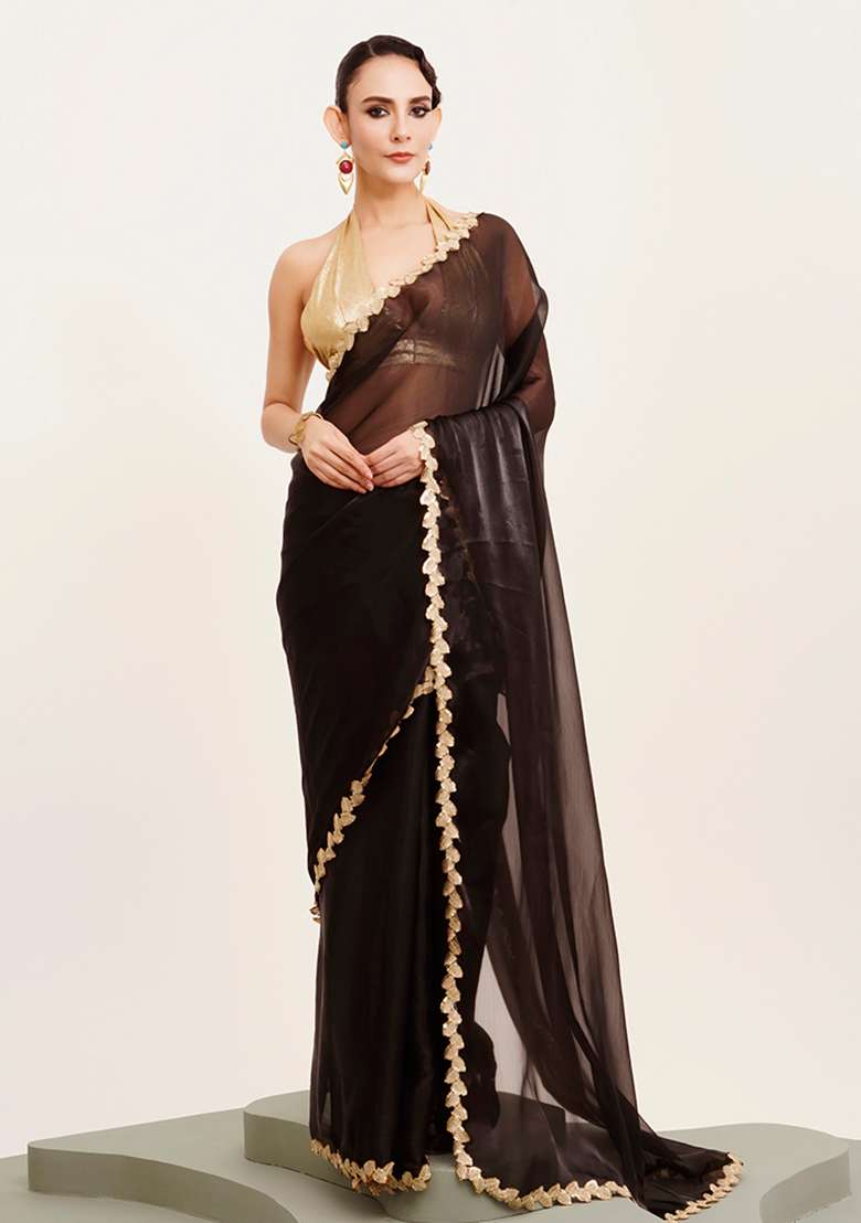 Black Embellished Sequinned Work Organza Saree Set - Indya