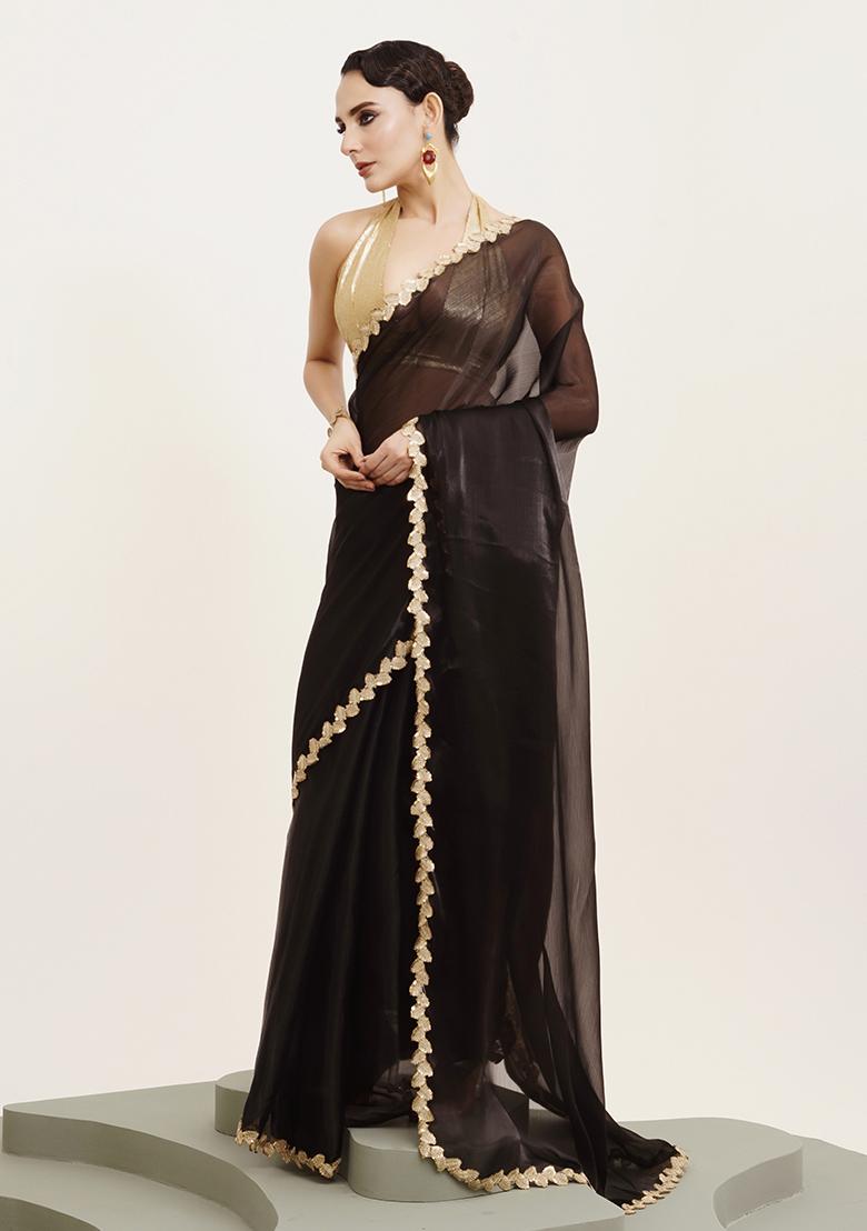 Black Embellished Sequinned Work Organza Saree Set