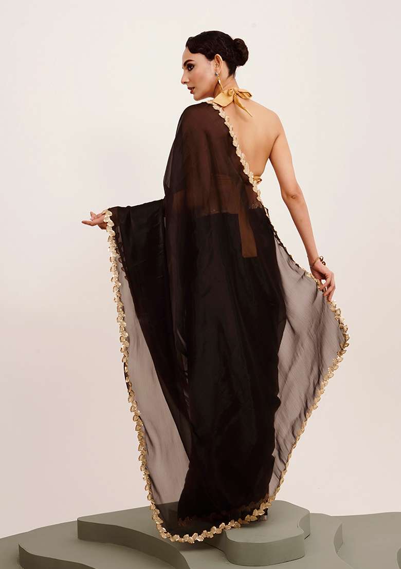 Black Embellished Sequinned Work Organza Saree Set - Indya