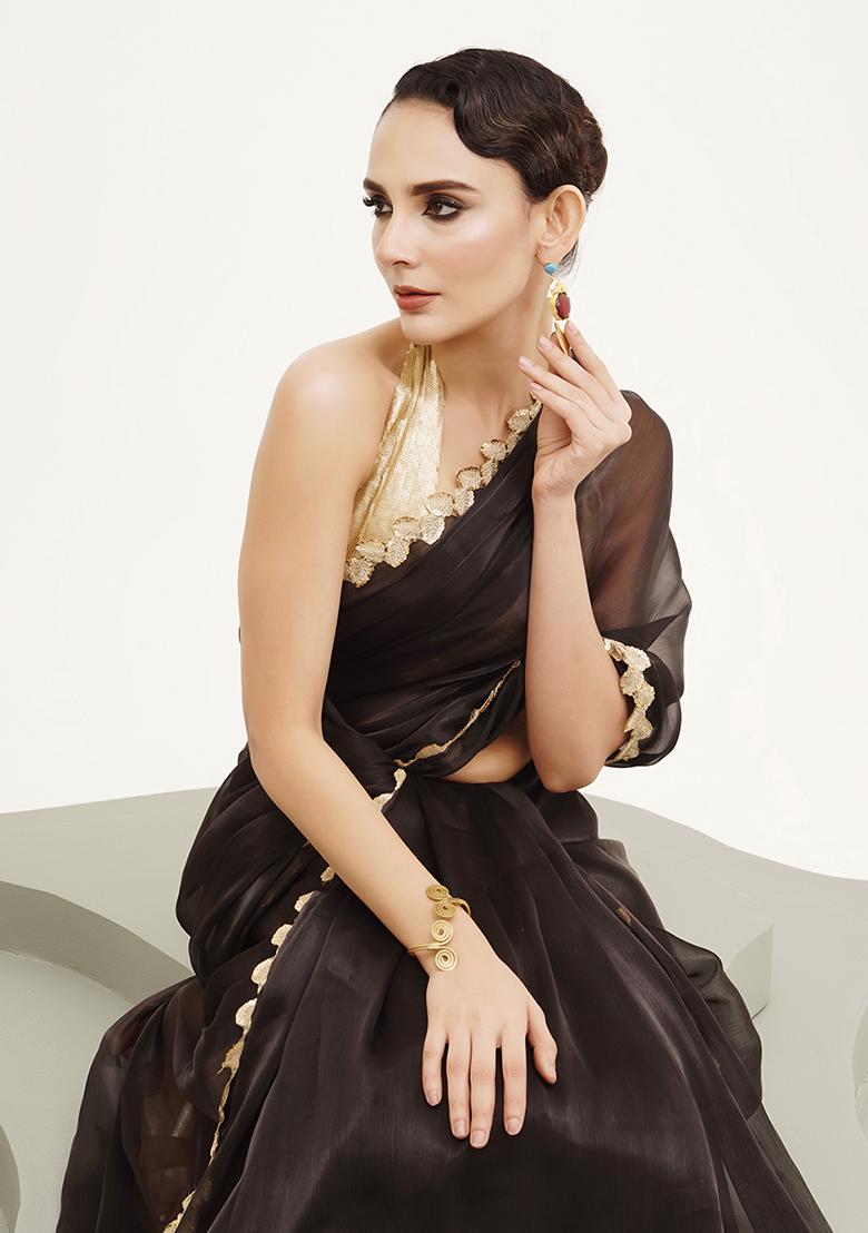 Black Embellished Sequinned Work Organza Saree Set