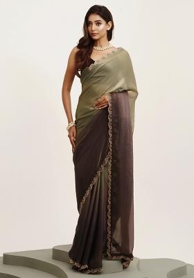 Grey Embellished Beads And Stones Work Satin Saree Set