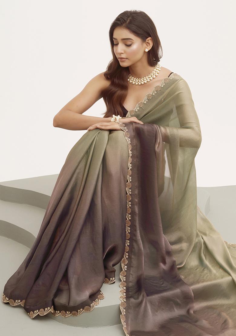 Grey Embellished Beads And Stones Work Satin Saree Set