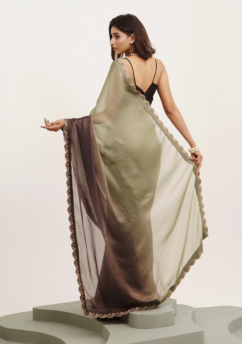 Grey Embellished Beads And Stones Work Satin Saree Set