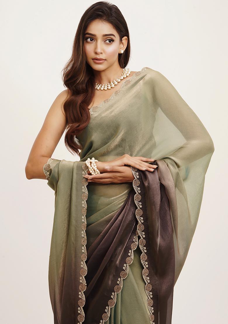 Grey Embellished Beads And Stones Work Satin Saree Set