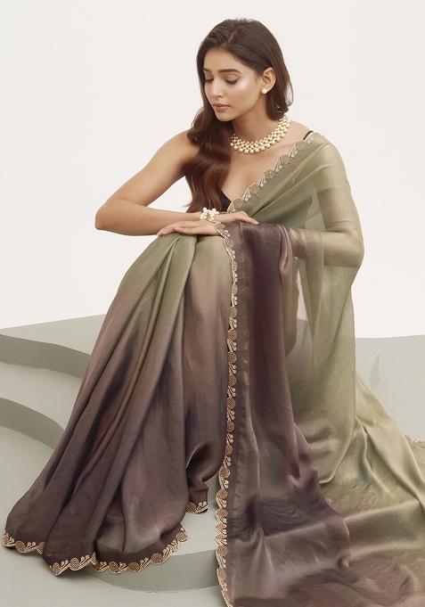 Grey Embellished Beads And Stones Work Satin Saree Set