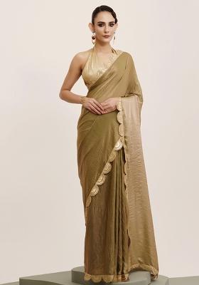 Metallic Green Embellished Sequinned Work Tissue Saree Set