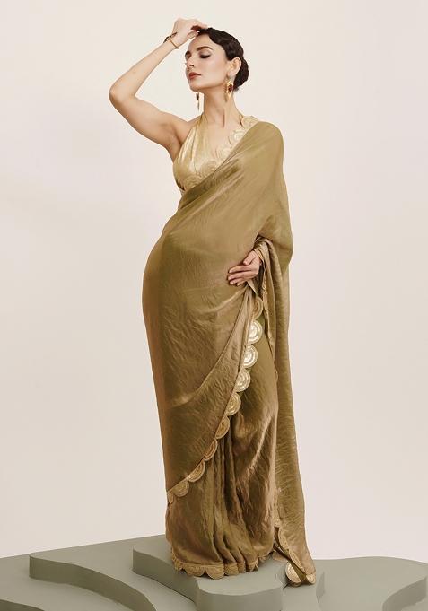 Metallic Green Embellished Sequinned Work Tissue Saree Set