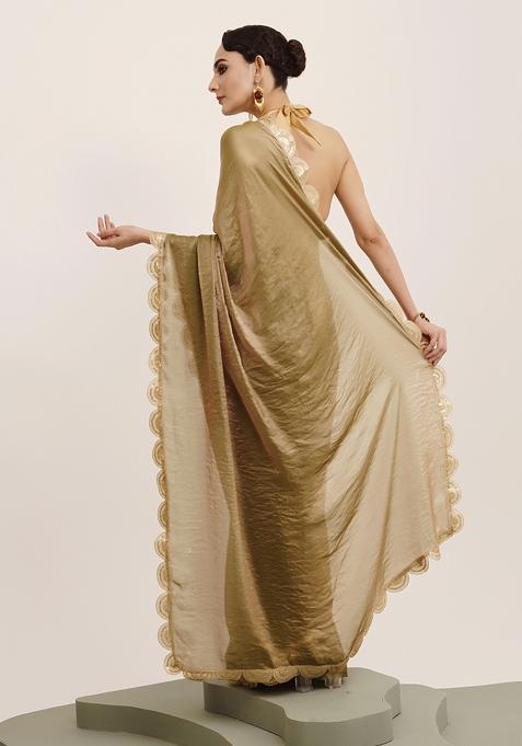 Metallic Green Embellished Sequinned Work Tissue Saree Set