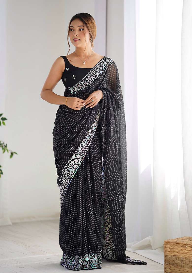 Black Embroidered Georgette Saree Set - Indya