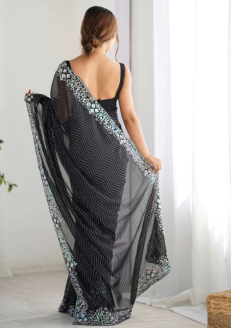 Black Embroidered Georgette Saree Set - Indya