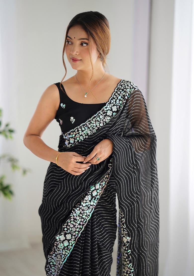 Black Embroidered Georgette Saree Set