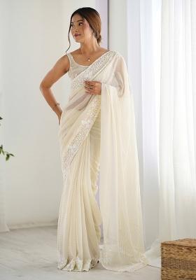 Cream Embroidered Georgette Saree Set
