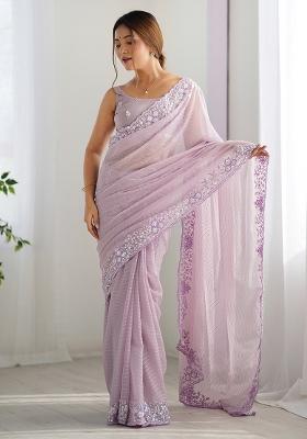 Lavender Embroidered Georgette Saree Set