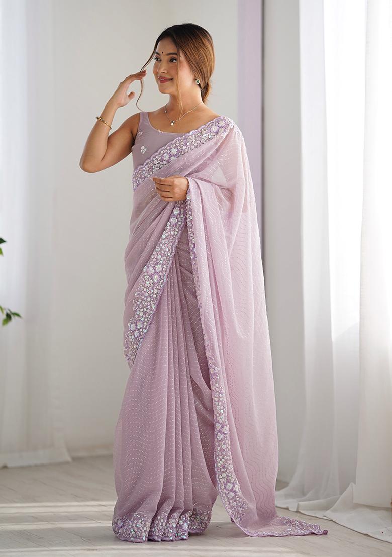 Lavender Embroidered Georgette Saree Set