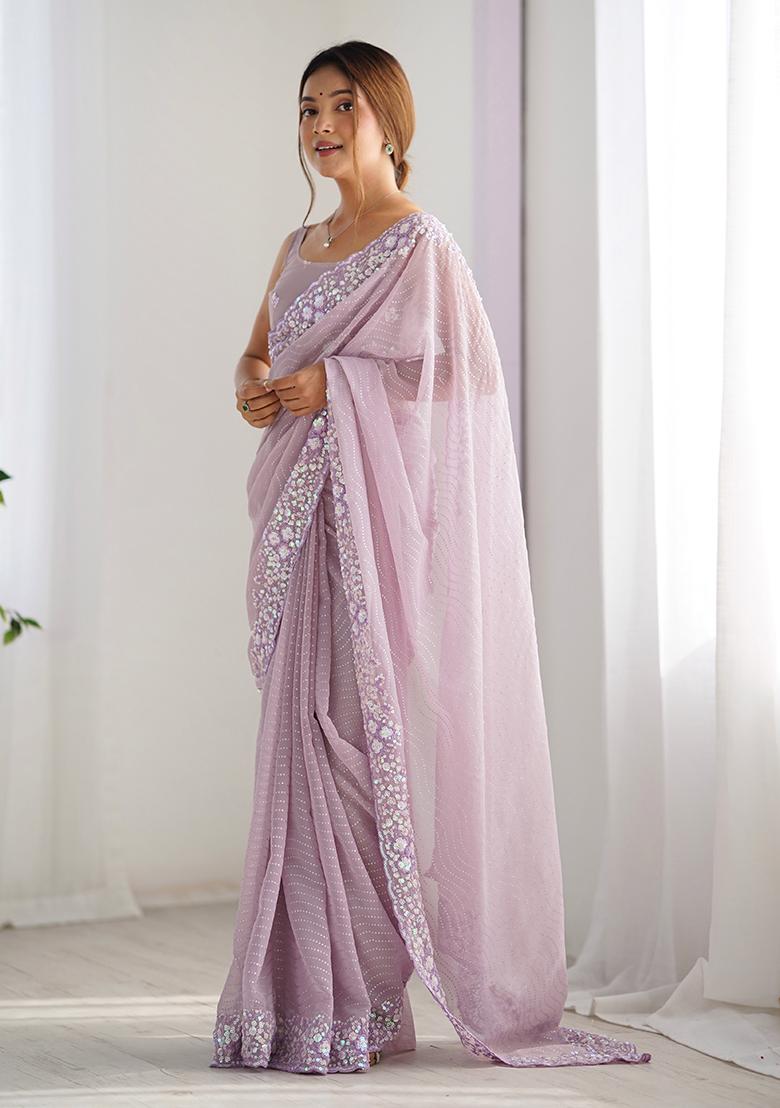 Lavender Embroidered Georgette Saree Set