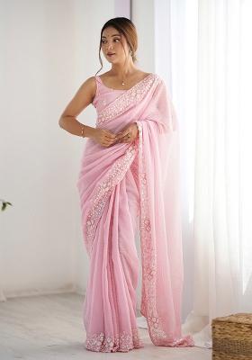 Pink Embroidered Georgette Saree Set