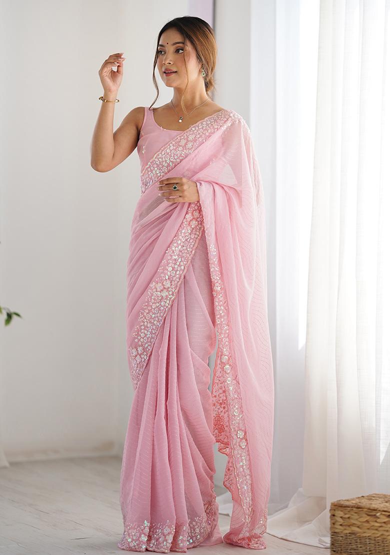 Pink Embroidered Georgette Saree Set