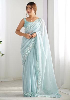 Sky Blue Embroidered Georgette Saree Set