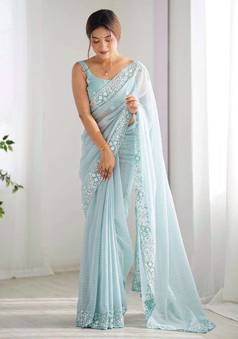 Sky Blue Embroidered Georgette Saree Set