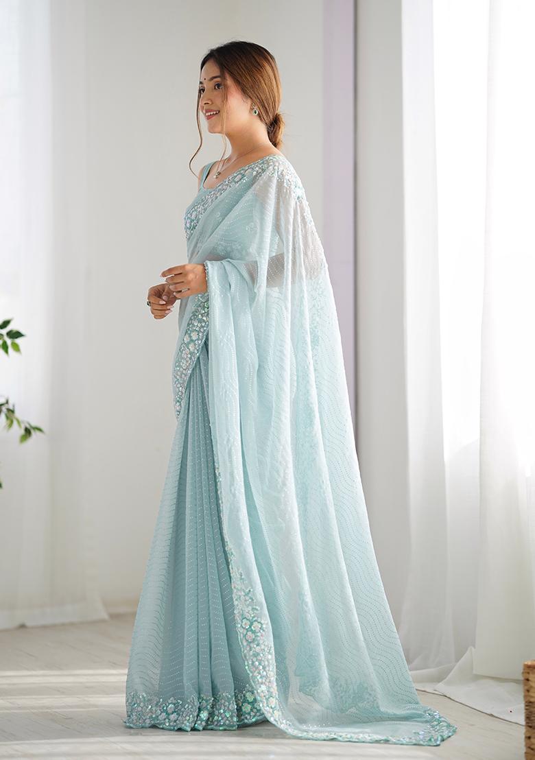 Sky Blue Embroidered Georgette Saree Set